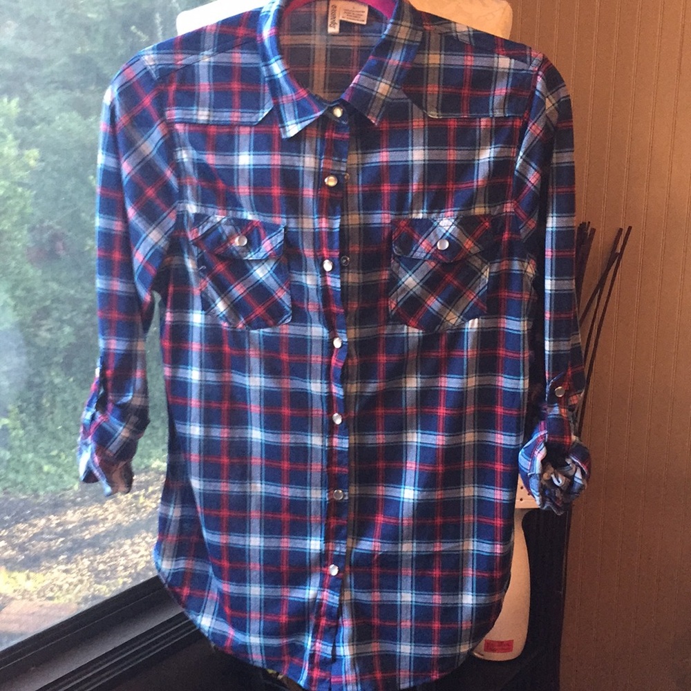 Passport long sleeve plaid red and blue shirt size large